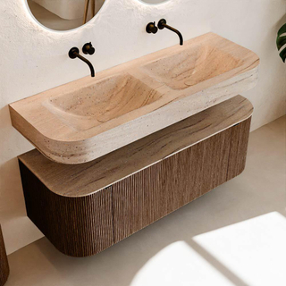 MONDIAZ THOR-DLUX Meuble de salle de bains - 130cm - arrondi gauche + droite - couleur Walnut - 1 tiroir - 2 portes - Vasque suspendue CLOUD Double sans trou de robinet - couleur Saba