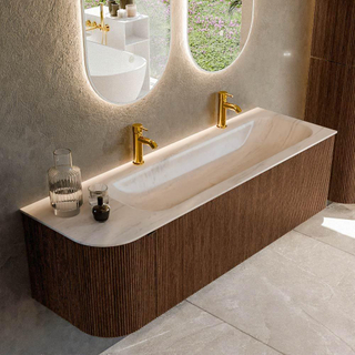 MONDIAZ KURVE-DLUX 145cm badmeubel ronding Links kleur Walnut met 1 lade en 1 deur. Wastafel BIG LARGE Rechts 2 kraangaten Meli.