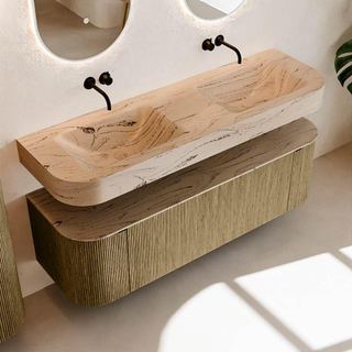 MONDIAZ THOR-DLUX 150cm meuble de salle de bains arrondi gauche + droite couleur Dusk avec 1 tiroir et 2 portes. Vasque suspendue CLOUD Double sans trou de robinet couleur Arena.