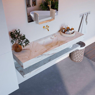 Mondiaz ALAN-DLUX Ensemble de meuble - 150cm - meuble Frappe mat - 0 tiroirs - Lavabo Cloud Frappe suspendu - vasque Centre - 0 trous de robinet