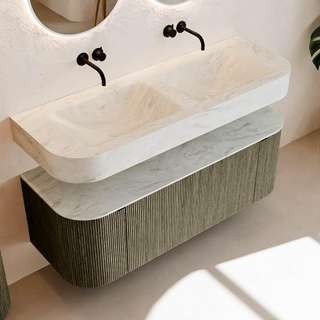 MONDIAZ THOR-DLUX 130cm meuble de salle de bains arrondi gauche + droite couleur Shadow avec 1 tiroir et 2 portes. Vasque suspendue CLOUD Double sans trou de robinet couleur Opalo.