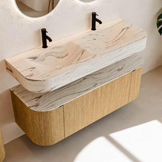 MONDIAZ THOR-DLUX 130cm meuble de salle de bains arrondi gauche + droite couleur Oak avec 1 tiroir et 2 portes. Vasque suspendue CLOUD Double 2 trous de robinet couleur Nata.