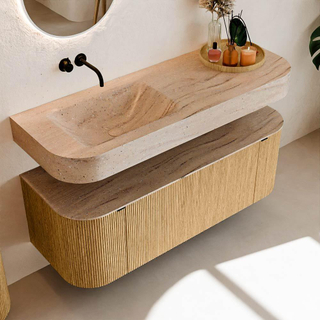 MONDIAZ THOR-DLUX Meuble de salle de bains 130cm arrondi gauche + droite couleur Chêne avec 1 tiroir et 2 portes. Vasque suspendue CLOUD Gauche sans trou de robinet couleur Saba.