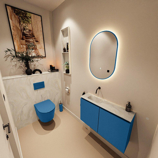 MONDIAZ TURE-DLUX Meuble toilette - 80cm - Jeans - EDEN - vasque Ostra - position gauche - sans trou de robinet