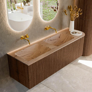 MONDIAZ KURVE-DLUX 145cm badmeubel ronding Rechts kleur Walnut met 1 lade en 1 deur. Wastafel LEAF Dubbel / Links zonder kraangat Arena.