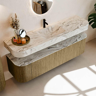 MONDIAZ THOR-DLUX 170cm meuble de salle de bains arrondi gauche + droite couleur Dusk avec 1 tiroir et 2 portes. Vasque suspendue CLOUD Milieu 1 trou de robinet couleur Glace.