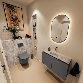 MONDIAZ TURE-DLUX Meuble toilette - 80cm - Dark Grey - EDEN - vasque Glace - position centrale - sans trou de robinet
