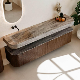 MONDIAZ THOR-DLUX 200cm meuble de salle de bains arrondi gauche + droite couleur Walnut avec 2 tiroirs et 2 portes. Vasque suspendue CLOUD Gauche sans trou de robinet couleur Oza.