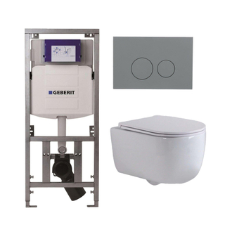 QeramiQ Dely Swirl Toiletset - 36.3x51.7cm - Geberit UP320 inbouwreservoir - met Burda frame - slim zitting - bedieningsplaat licht grijs - ronde knoppen - wit glans