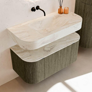 MONDIAZ THOR-DLUX Meuble de salle de bains - 100cm - arrondi gauche + droite - couleur Shadow - 1 tiroir - 2 portes - Vasque suspendue CLOUD Milieu sans trou de robinet - couleur Ostra