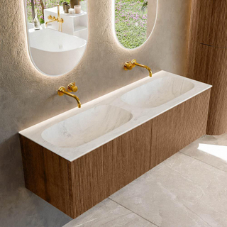 MONDIAZ KURVE-DLUX 140cm Meuble salle de bain - couleur Walnut - 2 tiroirs - vasque STOR SMALL double - sans trou de robinet - couleur Opalo