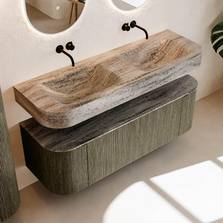 MONDIAZ THOR-DLUX Meuble de salle de bains 140cm arrondi gauche + droite couleur Shadow avec 1 tiroir et 2 portes. Vasque suspendue CLOUD Double sans trou de robinet couleur Oza.