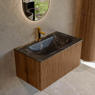 MONDIAZ KURVE-DLUX 80cm Meuble salle de bain - couleur Walnut - 1 tiroir - vasque BIG SMALL centre - 1 trou de robinet - couleur Lava