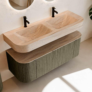 MONDIAZ THOR-DLUX 130cm meuble de salle de bains arrondi gauche + droite couleur Shadow avec 1 tiroir et 2 portes. Vasque suspendue CLOUD Double 2 trous de robinet couleur Saba.