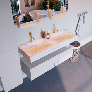 Mondiaz ALAN-DLUX Ensemble de meuble - 120cm - meuble Cale mat - 2 tiroirs - Lavabo Cloud Ostra suspendu - vasque Gauche et droite - 2 trous de robinet