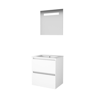 Basic-Line Economic 46 ensemble de meubles de salle de bain 60x46cm sans poignée 2 tiroirs lavabo porcelaine 1 trou robinet miroir éclairage led intégré mdf laqué blanc glacier