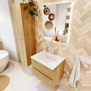 MONDIAZ VICA meuble sous lavabo 60cm Chêne Blanchi 2 tiroirs. Lavabo DENIA centre 1 trou de robinet, couleur Blanc Brillant.