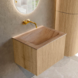 MONDIAZ KURVE-DLUX 60cm badmeubel kleur Oak met 1 lade en 0 deuren. Wastafel CLOUD Midden zonder kraangat Saba.