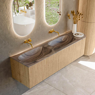 MONDIAZ KURVE-DLUX 165cm badmeubel ronding Rechts kleur Oak met 2 lades en 1 deur. Wastafel STOR SMALL Dubbel / Links zonder kraangat Sombra.