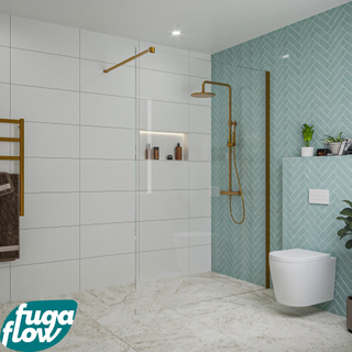 FugaFlow Eccelente Vetro inloopdouche badkamer - 140x200cm - helder glas - wandarm - geborsteld koper