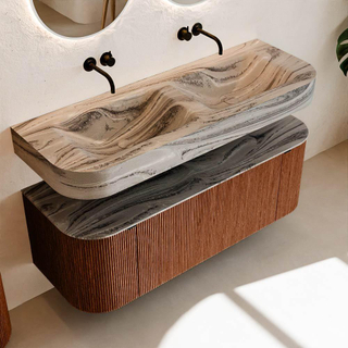 MONDIAZ THOR-DLUX 130cm meuble de salle de bains arrondi gauche + droite couleur Ruby avec 1 tiroir et 2 portes. Vasque suspendue CLOUD Double sans trou de robinet couleur Sombra.