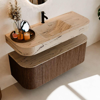 MONDIAZ THOR-DLUX 120cm meuble de salle de bains arrondi gauche + droite couleur Walnut avec 1 tiroir et 2 portes. Vasque suspendue CLOUD Milieu 1 trou de robinet couleur Arena.