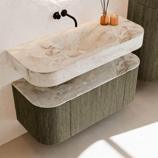 MONDIAZ THOR-DLUX 110cm meuble de salle de bains arrondi gauche + droite couleur Shadow avec 1 tiroir et 2 portes. Vasque suspendue CLOUD Milieu sans trou de robinet couleur Frappe.