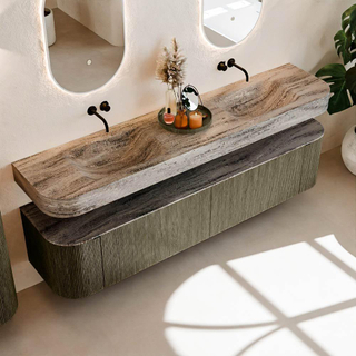 MONDIAZ THOR-DLUX 200cm meuble de salle de bains arrondi gauche + droite couleur Shadow avec 2 tiroirs et 2 portes. Vasque suspendue CLOUD Double sans trou de robinet couleur Oza.