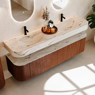 MONDIAZ THOR-DLUX 180cm meuble de salle de bains arrondi gauche + droite couleur Ruby avec 2 tiroirs et 2 portes. Vasque suspendue CLOUD Double 2 trous de robinet couleur Nata.