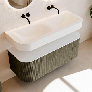 MONDIAZ THOR 120cm meuble de salle de bains arrondi gauche + droite couleur Shadow avec 1 tiroir et 2 portes. Vasque suspendue CLOUD Double sans trou de robinet couleur Talc.