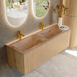 MONDIAZ KURVE-DLUX 145cm badmeubel ronding Rechts kleur Oak met 1 lade en 1 deur. Wastafel LEAF Dubbel / Links 2 kraangaten Arena.