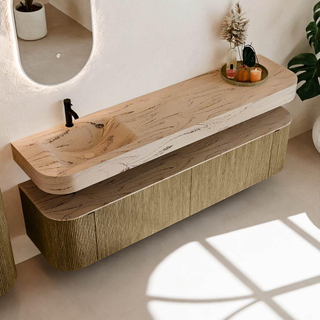 MONDIAZ THOR-DLUX 190cm meuble de salle de bains arrondi gauche + droite couleur Dusk avec 2 tiroirs et 2 portes. Vasque suspendue CLOUD Gauche 1 trou de robinet couleur Arena.