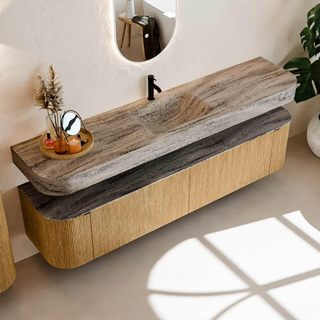 MONDIAZ THOR-DLUX 200cm meuble de salle de bains arrondi gauche + droite couleur Oak avec 2 tiroirs et 2 portes. Vasque suspendue CLOUD Milieu 1 trou de robinet couleur Oza.