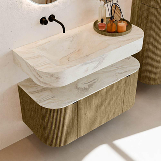 MONDIAZ THOR-DLUX 100cm meuble de salle de bains arrondi gauche + droite couleur Dusk avec 1 tiroir et 2 portes. Vasque suspendue CLOUD Gauche sans trou de robinet couleur Ostra.