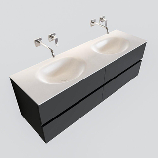 MONDIAZ VICA Ensemble de meuble salle de bain - 150cm - 4 tiroirs - lavabo Moon double - 0 trous de robinet - solid surface gris foncé