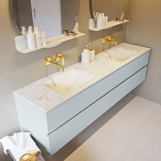 Mondiaz VICA-DLUX ensemble de meuble de salle de bain - 200cm - meuble sous-vasque argile - 4 tiroirs - lavabo encastré nuage double - sans trous de robinet - version haute de 60cm - opalo