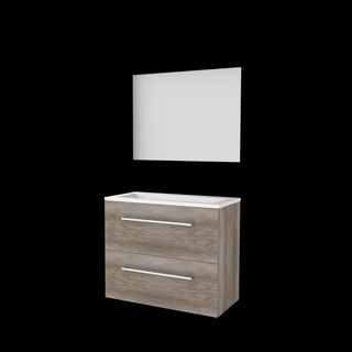 Basic-Line meuble de salle de bain 39 encadré ensemble 80x39cm avec poignées 2 tiroirs vasque acrylique 1 trou de robinetterie miroir cadre aluminium noir mat tout autour mfc scotch oak