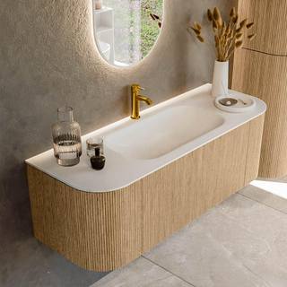 MONDIAZ KURVE 130cm Meuble salle de bain avec module 25 G et D - couleur Oak - 1 tiroir - 2 portes - vasque BIG SMALL centre - 1 trou de robinet - Talc