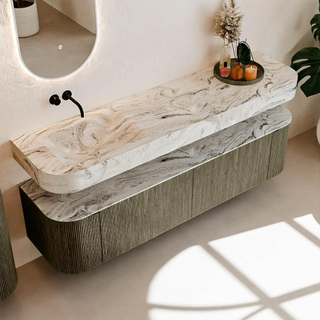 MONDIAZ THOR-DLUX 180cm meuble de salle de bains arrondi gauche + droite couleur Shadow avec 2 tiroirs et 2 portes. Vasque suspendue CLOUD Gauche sans trou de robinet couleur Glace.