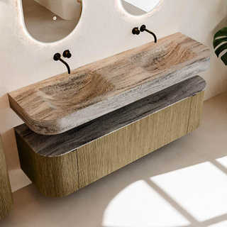 MONDIAZ THOR-DLUX 160cm meuble de salle de bains arrondi gauche + droite couleur Dusk avec 1 tiroir et 2 portes. Vasque suspendue CLOUD Double sans trou de robinet couleur Oza.