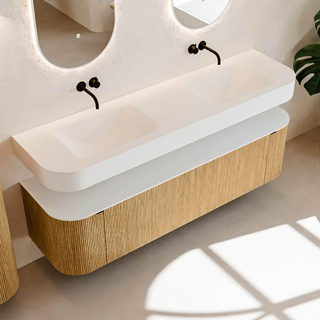 MONDIAZ THOR 170cm meuble de salle de bains arrondi gauche + droite couleur Oak avec 1 tiroir et 2 portes. Vasque suspendue CLOUD Double sans trou de robinet couleur Talc.