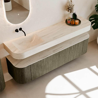 MONDIAZ THOR-DLUX 180cm meuble de salle de bains arrondi gauche + droite couleur Shadow avec 2 tiroirs et 2 portes. Vasque suspendue CLOUD Gauche sans trou de robinet couleur Meli.