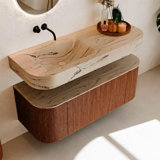 MONDIAZ THOR-DLUX 120cm meuble de salle de bains arrondi gauche + droite couleur Ruby avec 1 tiroir et 2 portes. Vasque suspendue CLOUD Gauche sans trou de robinet couleur Arena.