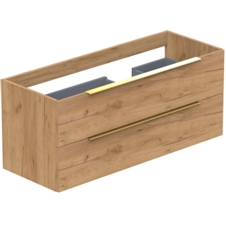 Thebalux Type onderbouwkast 120x45x50cm opbouwgreep messing 2 softclose lades standaard greep 1x uitsparing rechts MDF spaanderplaat congo brown met slimline wastafel 1 kraangat keramiek wit glans SHOWROOMMODEL