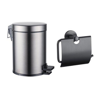 Fortifura Calvi ensemble d'accessoires pour toilettes - porte-rouleau - avec couvercle - poubelle à pédale - 5 litres - gunmetal brossé
