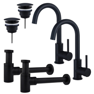 FortiFura Calvi Kit robinet lavabo - pour double vasque - robinet haut - bec rotatif - bonde non-obturable - siphon design bas - Noir mat