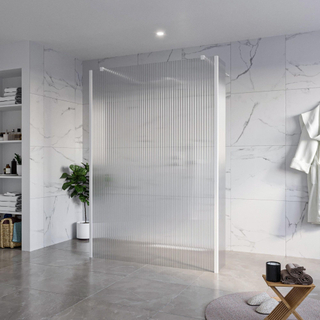 FugaFlow Eccelente Vetro Douche à l'italienne - 140x200cm - verre clair nervuré - anticalcaire - verre de sécurité 8mm - 2 parois latérales 30cm - avec bras muraux et profilés d'angle - Blanc mat