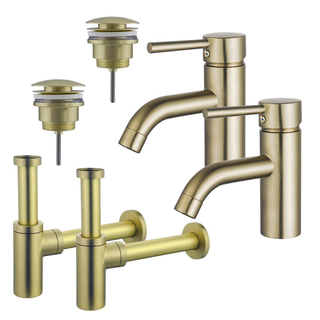 FortiFura Calvi Kit robinet lavabo - pour double vasque - robinet bas - bonde clic clac - siphon design - Laiton brossé PVD
