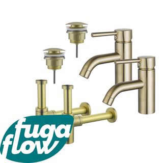 FugaFlow Eccelente Sobrado Badkamer Wastafelkraanset - voor dubbele wastafel - lage wastafelkraan - klikwaste plug - design sifon - PVD Geborsteld Messing