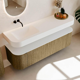 MONDIAZ THOR 160cm meuble de salle de bains arrondi gauche + droite couleur Dusk avec 1 tiroir et 2 portes. Vasque suspendue CLOUD gauche sans trou de robinet couleur Talc.